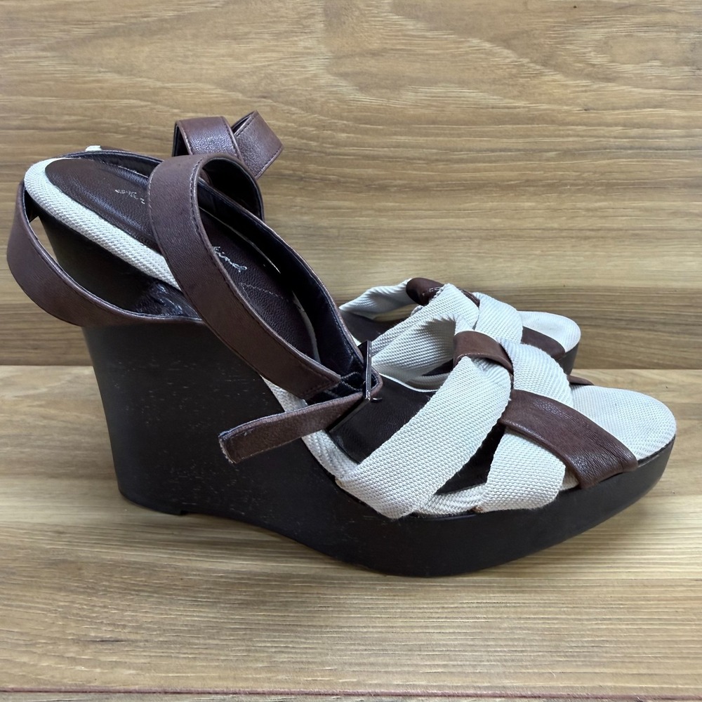 7 For All Mankind Y2K Wedge Heels Sandals Womens 7 B Brown Canvas Leather